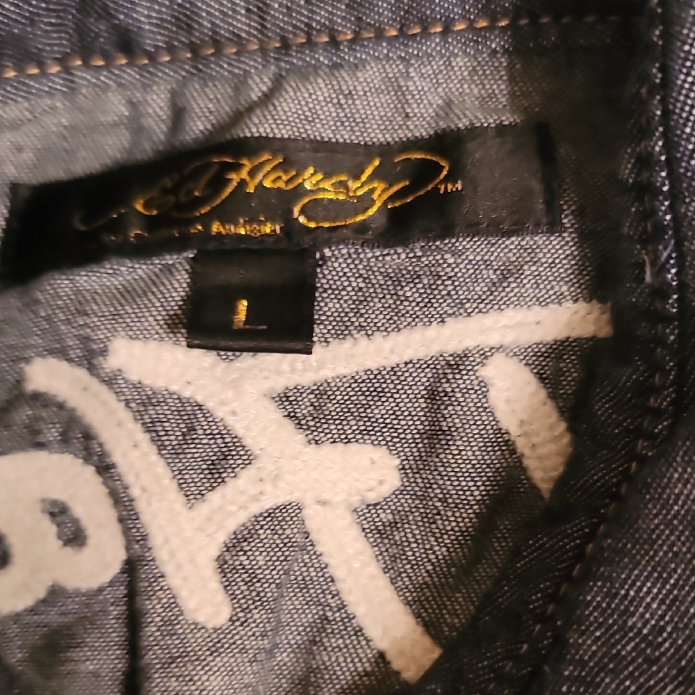 Rare Ed Hardy Men's Large Snap Pearl Dark Denim Shirt - Picture 5 of 10